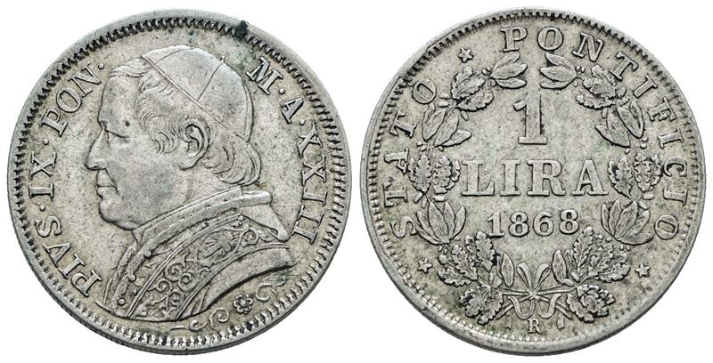 Pio IX, Lira 1868, 5gr, Ag, Gig.301, BB/SPL