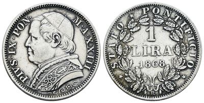Pio IX, Lira 1868, Anno XXIII, Ag 5gr, Gig. 301