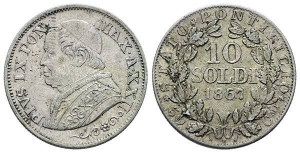 STATO PONTIFICIO. ROMA. Pio IX(1846-1870). 10 soldi 1867 anno XXII. Ag; 2,5gr; Gig.306; Q.SPL