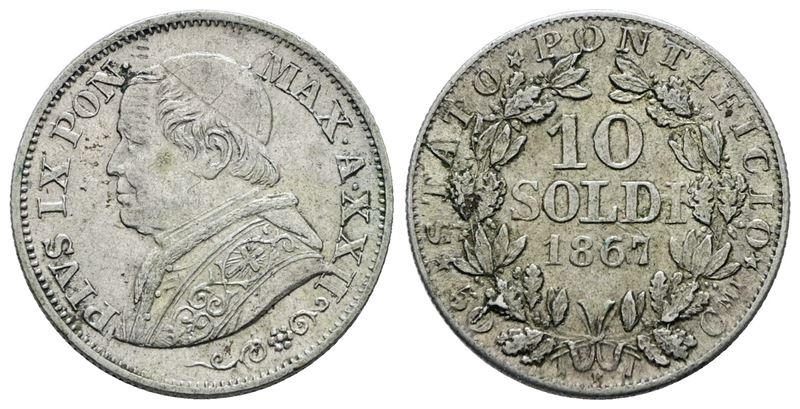 Stato Pontificio. Roma. Pio IX(1846-1870). 10 Soldi 1867 Anno XXII. Ag; 2,5gr; Gig.306; Q.spl