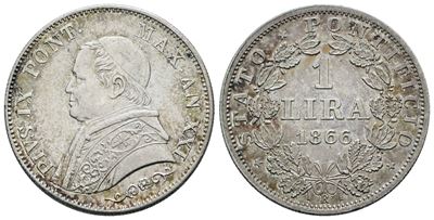 Pio IX, Lira 1866, busto piccolo, Argento, 5g - Gig. 295