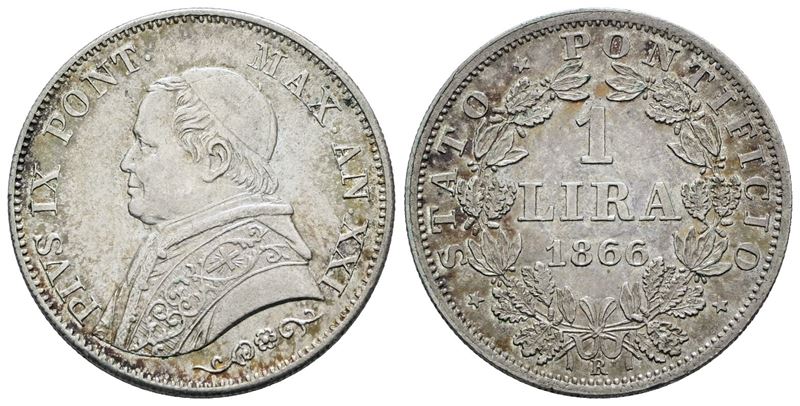 Pio IX, Lira 1866, busto piccolo, Argento, 5g - Gig. 295