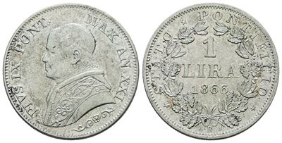 Stato Pontificio, Roma. Pio IX (1846-1870), Lira 1866, busto medio, argent
