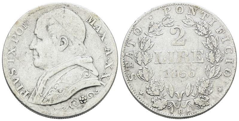 Stato Pontificio. Roma. Pio IX(1846-1870). 2 Lire 1866 Anno XXI, Busto Grande. Ag; 10gr; Gig.286b...