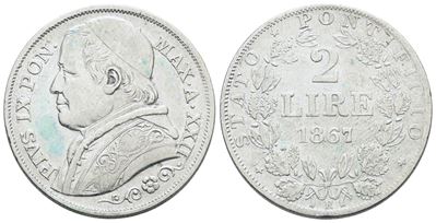 Pio IX, 2 lire 1867, anno XXII del Stato Pontificio