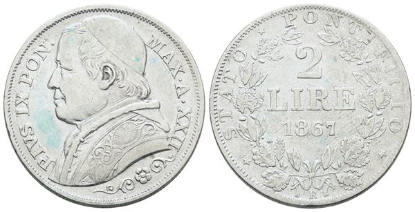 STATO PONTIFICIO. ROMA. Pio IX(1846-1870). 2 lire 1867 anno XXII. Ag; 10gr; Gig.287; BB/SPL