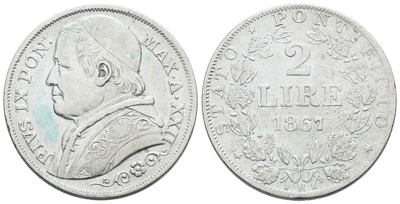 Pio IX, 2 lire 1867, anno XXII del Stato Pontificio