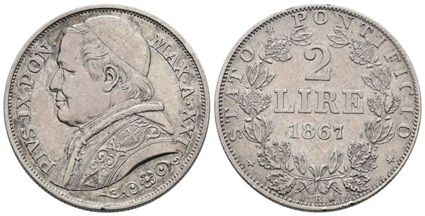 STATO PONTIFICIO. ROMA. Pio IX(1846-1870). 2 lire 1867 anno XXII. Ag; 10gr; Gig.287; Q.SPL