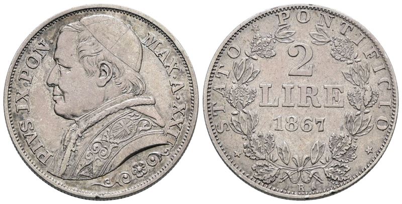 Pio IX, Moneta da 2 lire del 1867 - Stato Pontificio