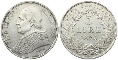 Pio IX, Stato Pontificio. Roma, 5 Lire 1870 (Anno XXV), argento 25 g