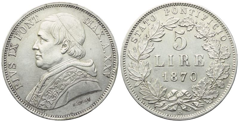 Pio IX, Stato Pontificio. Roma, 5 Lire 1870 (Anno XXV), argento 25 g