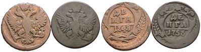 Monete della Russia, Lotto di due monete da 1 denga e 1/2 copechi, 1748-1758