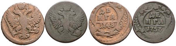 RUSSIA. Elisabetta (1741-1762). Lotto di due monete da 1 denga - 1/2 copeco 1748-1758. Cu; KM 188; Conservazioni varie.