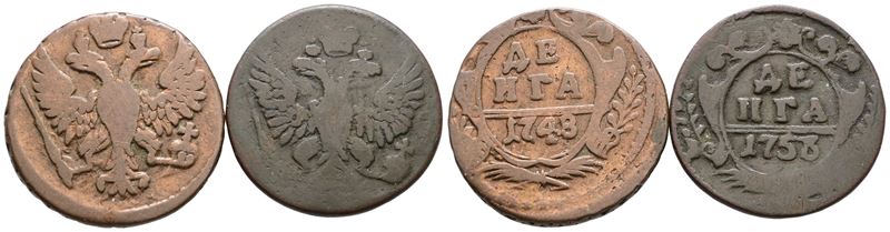 Monete della Russia, Lotto di due monete da 1 denga e 1/2 copechi, 1748-1758