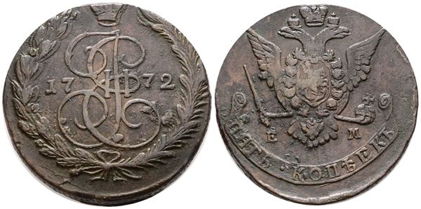 RUSSIA. Caterina II (1762-1796). 5 copechi 1772. Cu; C 59; 51gr; NC; BB/SPL
