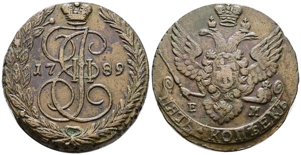 RUSSIA. Caterina II (1762-1796). 5 copechi 1789. Cu; C 59; 51gr; NC; BB/SPL