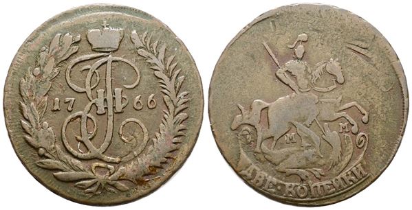 RUSSIA. Caterina II (1762-1796). 2 copechi 1766. Cu; C 58; 20,4gr; BB