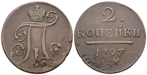 RUSSIA. EKATERININBURG. Paolo I (1796-1801). 2 copechi. Cu; 20,48gr; C 95; Q.BB