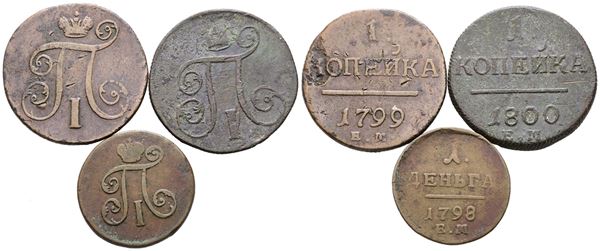 RUSSIA. Paolo I (1796-1801). Lotto di 3 monete da 1 copeco.. Cu; Date e conservazioni differenti.