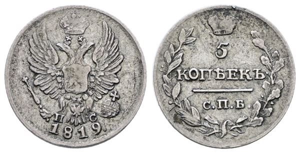 RUSSIA. SAN PIETROBURGO. Alessandro I (1802-1825). 5 copechi 1819. Ag; 1,03gr; C 126; BB