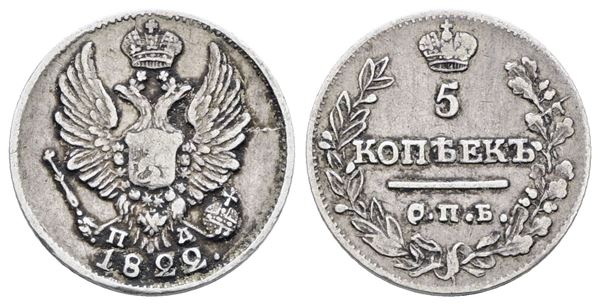 RUSSIA. SAN PIETROBURGO. Alessandro I (1802-1825). 5 copechi 1822. Ag; 1,03gr; C 122; BB+