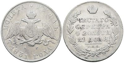 Rublo di Nicola I, San Pietroburgo 1831, Ag 20,43 g