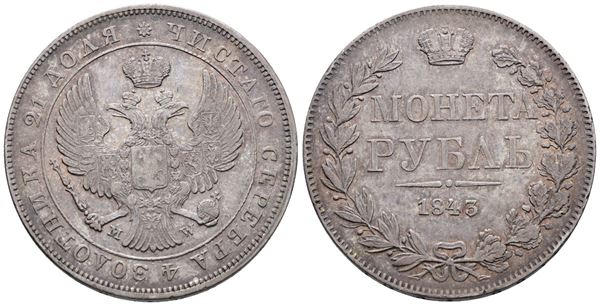 RUSSIA. VARSAVIA. Nicola I (1825-1855). Rublo 1843 (sigle M W). Ag; 20,43gr; C 168; Raro; Q.SPL