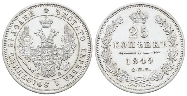 RUSSIA. SAN PIETROBURGO. Nicola I (1825-1855). 25 copechi 1849. Ag; 5,18gr; C 166; SPL+