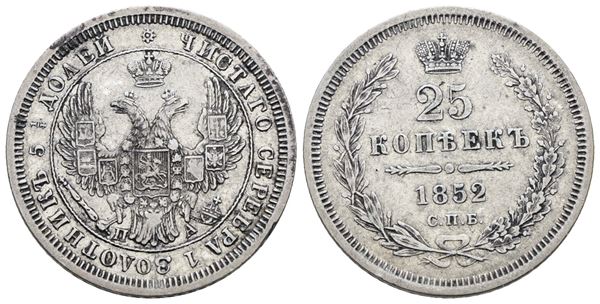 RUSSIA. SAN PIETROBURGO. Nicola I (1825-1855). 25 copechi 1852. Ag; 5,18gr; C 166; Q.SPL