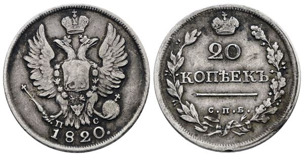 RUSSIA. SAN PIETROBURGO. Nicola I (1825-1855). 20 copechi 1820. Ag; 4,14gr; C 128; BB