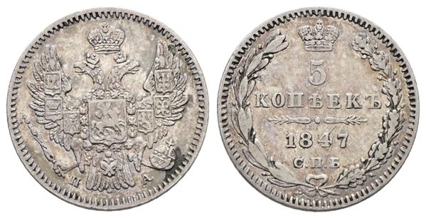 RUSSIA. SAN PIETROBURGO. Nicola I (1825-1855). 5 copechi 1847. Ag; 1,04gr; C 156; BB/SPL