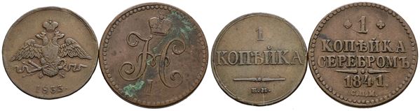 RUSSIA. Nicola I (1825-1855). Lotto di 2 monete: 1 copeco 1833 - 1841. Cu; Conservazioni varie