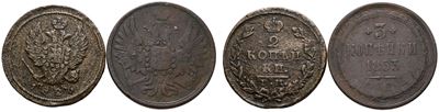 Nicola I di Russia, Lotto di 2 monete: 2 copechi 1826 e 3 copechi 1853