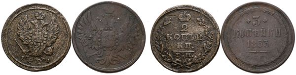 RUSSIA. Nicola I (1825-1855). Lotto di 2 monete: 2 copechi 1826; 3 copechi 1853. Cu; Conservazioni varie