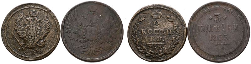 Russia. Nicola i (1825-1855). Lotto di 2 Monete: 2 Copechi 1826; 3 Copechi 1853. Cu; Conservazion...