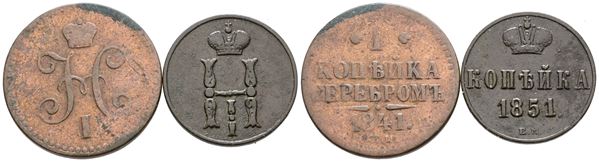 RUSSIA. Nicola I (1825-1855). Lotto di 2 monete: 1 copeco 1841; 1 copeco 1851. Cu; Conservazioni varie