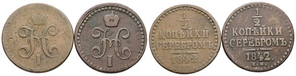 RUSSIA. Nicola I (1825-1855). Lotto di 2 monete da mezzo copeco 1842. Cu; Conservazioni varie