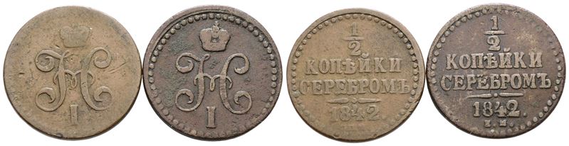 Russia. Nicola i (1825-1855). Lotto di 2 Monete da Mezzo Copeco 1842. Cu; Conservazioni Varie