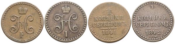 RUSSIA. Nicola I (1825-1855). Lotto di 2 monete da mezzo copeco 1841-1842. Cu; Conservazioni varie