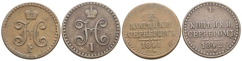 Nicola I, Lotto di 2 monete da mezzo copeco 1841-1842 in rame