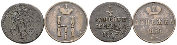 RUSSIA. Nicola I (1825-1855). Lotto di 2 monete da 1/4 di copeco 1842; mezzo copeco 1855. Cu; Conservazioni varie
