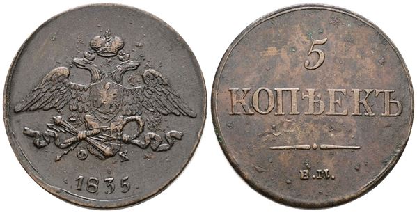 RUSSIA. EKATERININBURG. Nicola I (1825-1855). 5 copechi 1835. Cu; 22,72gr; C 140; BB/SPL
