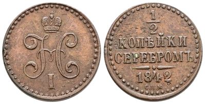 Russia, Nicola I, 1/2 copeco 1842, Cu, 5,12 g, C 143, BB/SPL
