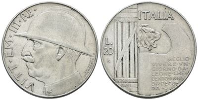 Vittorio Emanuele III, 20 lire 1928 'Elmetto', Argento