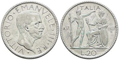 Vittorio Emanuele III, Moneta da 20 lire del 1928 "Littore"