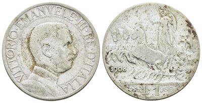 Vittorio Emanuele III, 1 lira 1908 'Quadriga veloce', Argento, 5 gr.