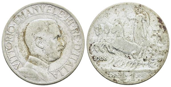 REGNO D'ITALIA. Vittorio Emanuele III (1900-1943). 1 lira 1908 "Quadriga veloce". Ag; 5gr; Gig.132; NC; MB+