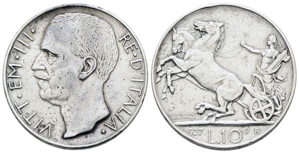 REGNO D'ITALIA. Vittorio Emanuele III (1900-1943). 10 lire 1927 "Biga"**. Ag; 10gr; Gig.56a; BB+