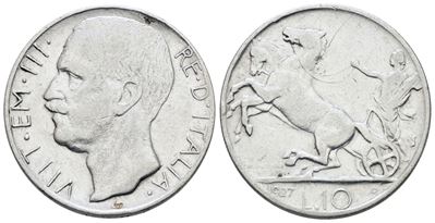 Vittorio Emanuele III, Moneta da 10 lire 1927 'Biga', argento, 10g