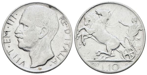 REGNO D'ITALIA. Vittorio Emanuele III (1900-1943). 10 lire 1927 "Biga"*. Ag; 10gr; Gig.56; NC; MB/BB